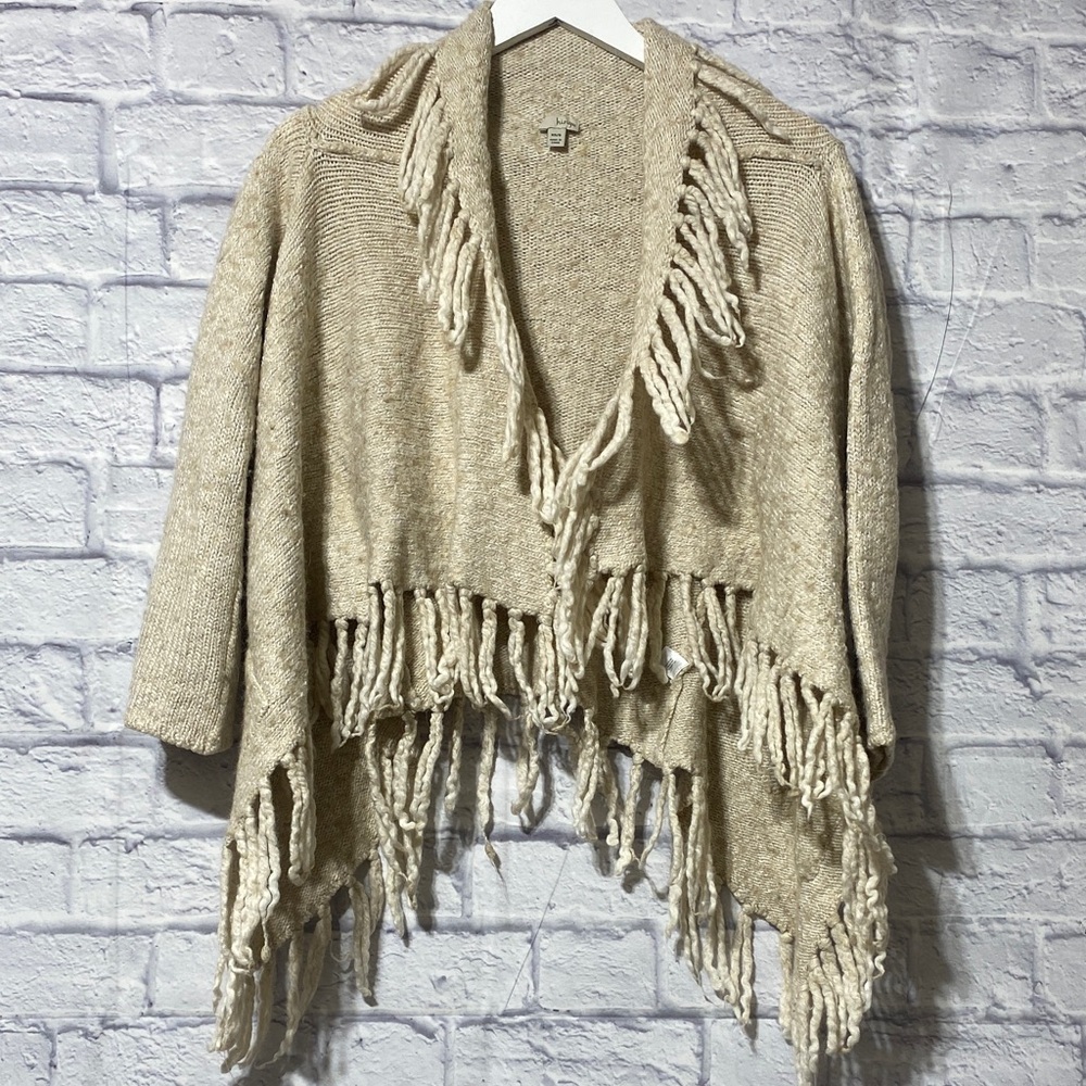 hinge Cream Open-Front Fringe Knit Poncho Cardigan
